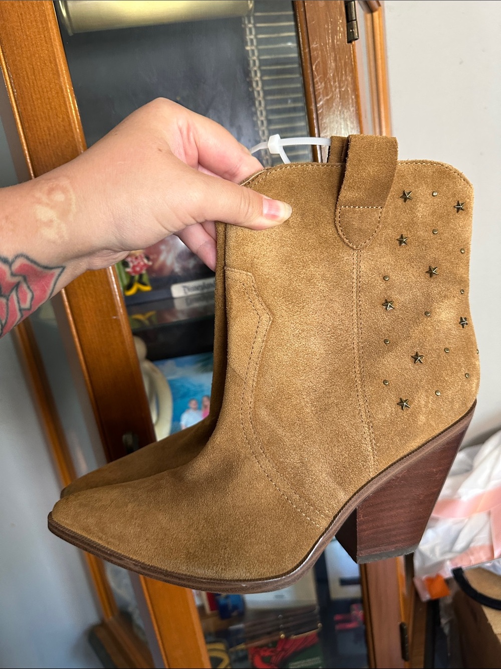 Limelight Tan Suede Star Stud Western Ankle Boots
